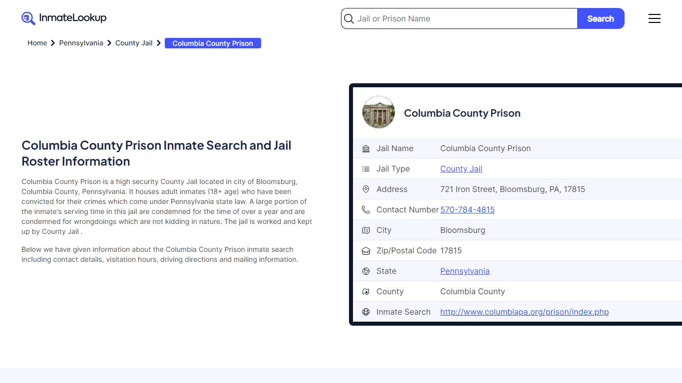 Columbia County Prison Inmate Search and Jail Roster Information